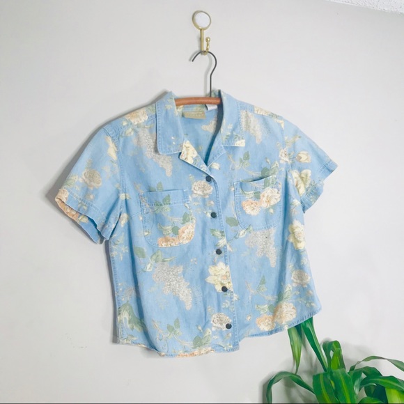 VTG 90’s Floral Chambray Crop Button Up Popover - Picture 2 of 7
